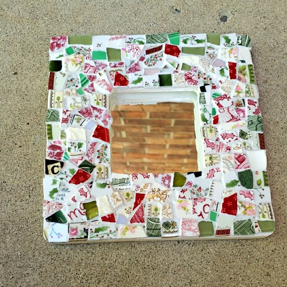 Hand Crafted Mosaic Tile Wall Mirror - Multicolor, Greens,reds, And Whites